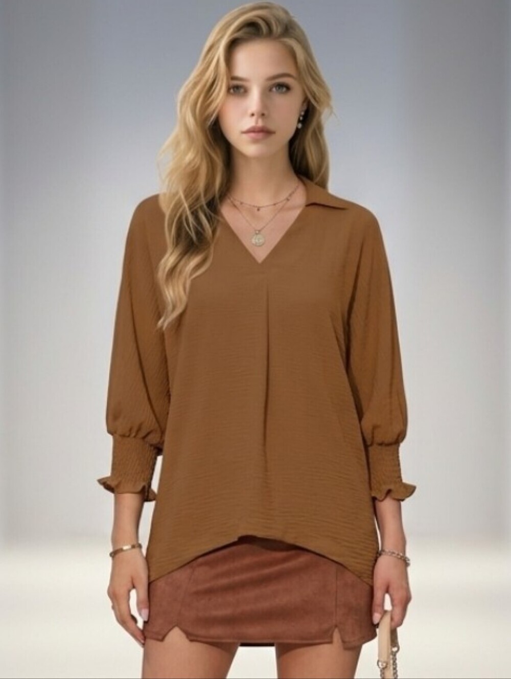 Dokotoo Brown V-Neck Balloon Sleeve With Elastic Cuffs Tunic Top Flowy Fabric Lg